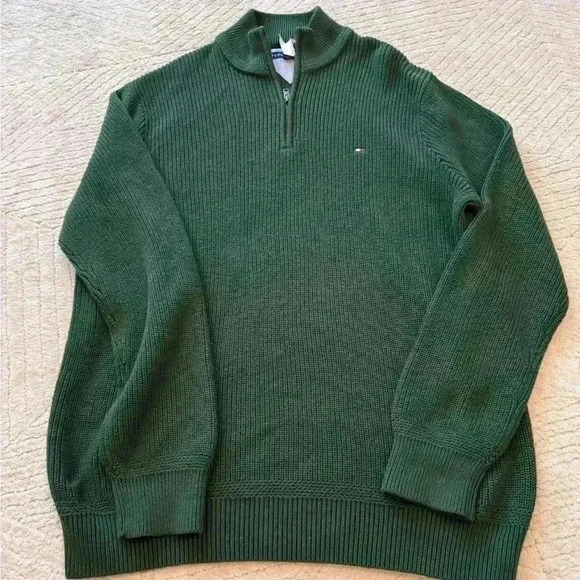 tommy hilfiger mens quarter zip sweater XL green knitted mock turtle neck - Picture 1 of 8